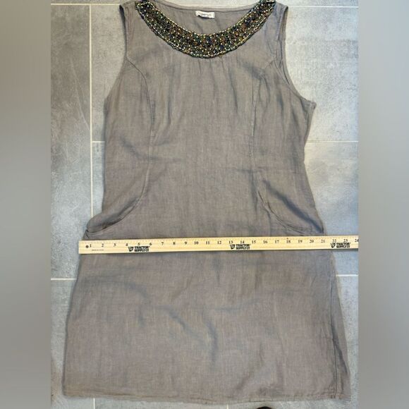 Lina Tomei 100% Linen Beaded Round Neck Sheath Dress Pockets Size Large Taupe - Picture 9 of 11
